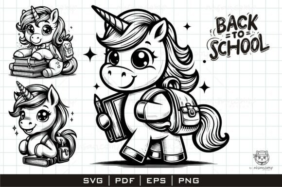 Adorable Unicorn with Backpack and Book: Graphics and Illustrations for Digital Sellers