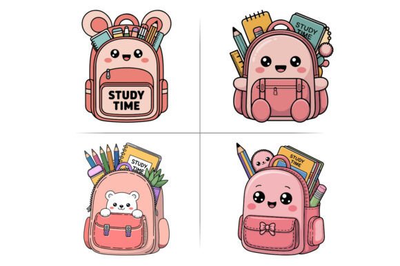 Backpack School Supplies Kawaii Clipart: Graphics & Illustrations for Local Brands