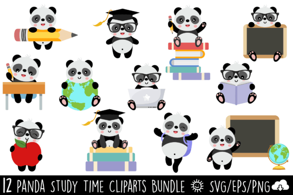Cute Panda School Time Clipart Bundle