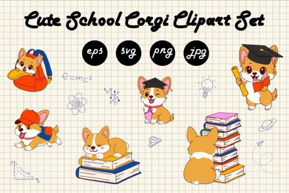 Cute School Corgi Clipart Set: Graphics & Illustrations for Real Publishing