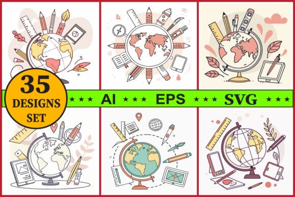 Globe with Education Tools Vector Set