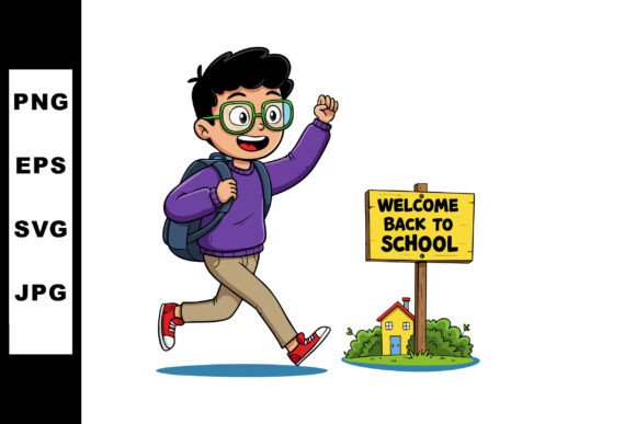 Schoolboy with Backpack Running Happily Graphics
