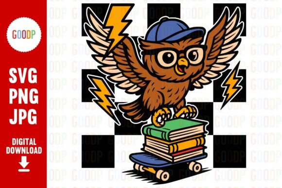 Skateboard Owl on Books Png: Graphics for Creative Branding