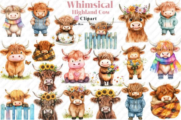 Whimsical Highland Cow PNG Clipart: Graphics for Creative Branding