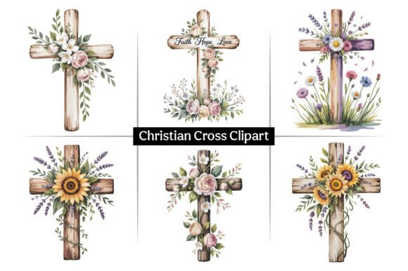 Wooden Cross Flowers Christian Clipart